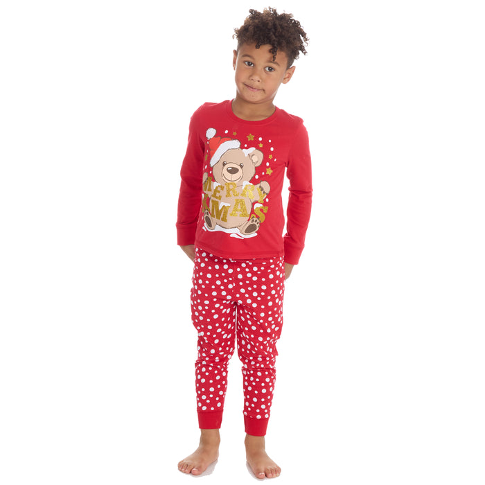 Boys Girls Christmas Theme Long Sleeved Pyjama Sets Red Teddy