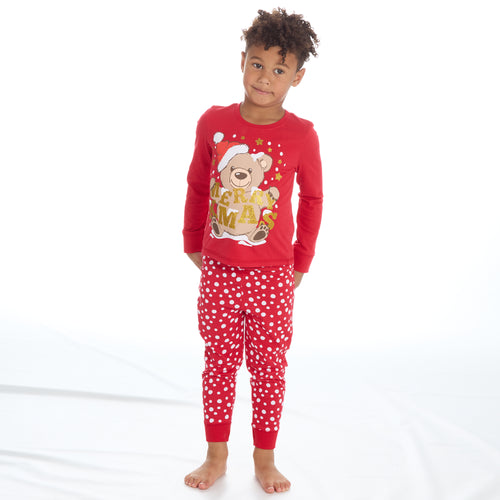 Boys Girls Christmas Theme Long Sleeved Pyjama Sets Red Teddy
