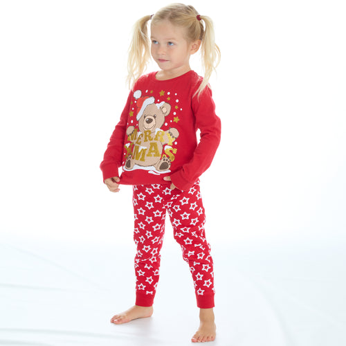 Boys Girls Christmas Theme Long Sleeved Pyjama Sets Red Teddy