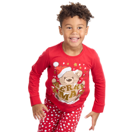 Boys Girls Christmas Theme Long Sleeved Pyjama Sets Red Teddy