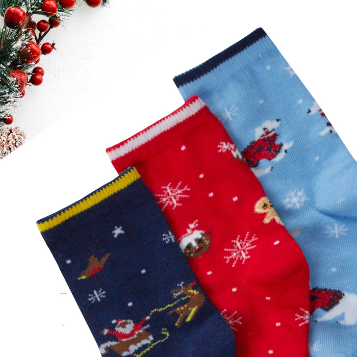 Kids Cotton Rich Christmas Design Socks 3 Pairs Snow