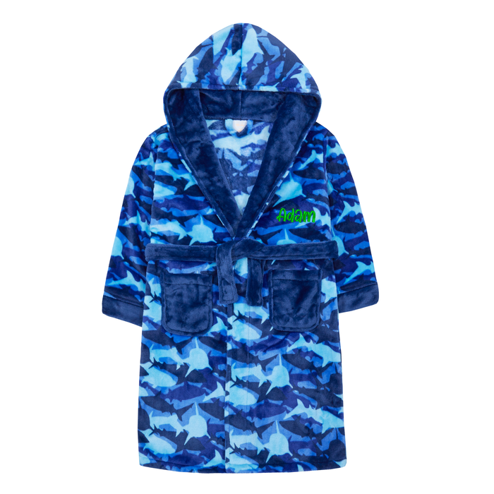 Personalised Boys Blue Shark Hooded Dressing Gown with Green Thread Embroidery