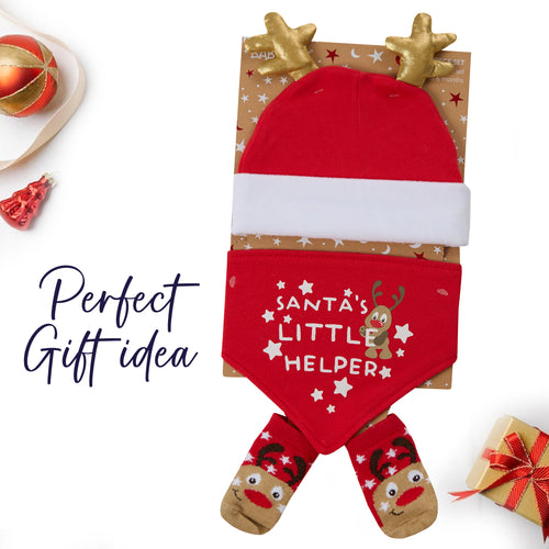 Baby Christmas Reindeer 3 Piece Hat Bib and Socks Gift Set