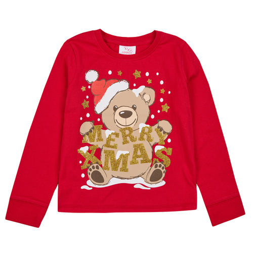 Boys Girls Christmas Theme Long Sleeved Pyjama Sets Red Teddy
