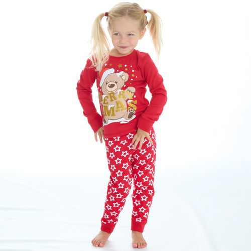 Boys Girls Christmas Theme Long Sleeved Pyjama Sets Red Teddy