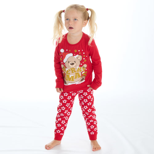 Boys Girls Christmas Theme Long Sleeved Pyjama Sets Red Teddy