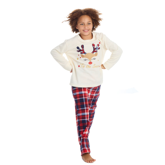Girls Teenage Christmas Themed Microfleece Long Sleeve Pyjama Set Cream