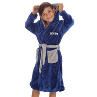 Personalised Boys Blue Sherpa Dressing Gown with Light Grey Thread Embroidery