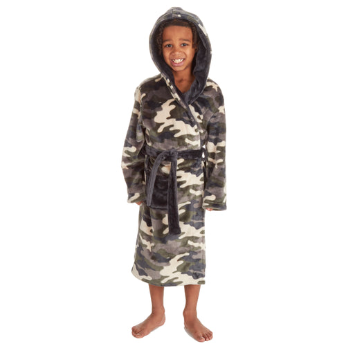 Boys Camo Print Plush Fleece Dressing Gown