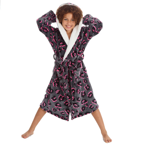 Girls Matching Nightwear Set Leopard Printed Pyjamas and Dressing Gown