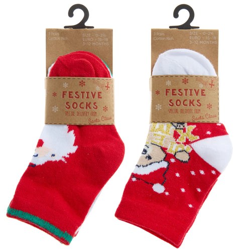 Babies Cotton Rich Christmas Design Socks 6 Pairs Santa + Teddy