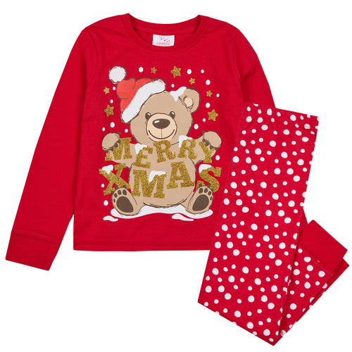 Boys Girls Christmas Theme Long Sleeved Pyjama Sets Red Teddy
