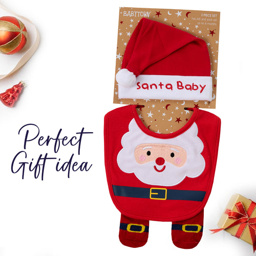 Baby Christmas Santa 3 Piece Hat Bib and Socks Gift Set