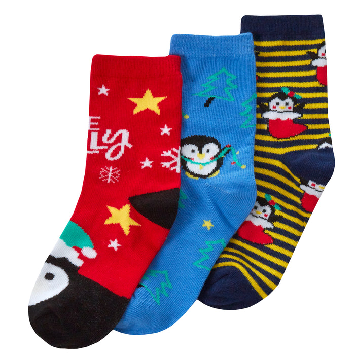 Kids Cotton Rich Christmas Design Socks 3 Pairs Penguin