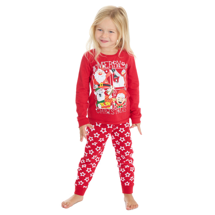Boys Girls Christmas Theme Long Sleeved Pyjama Sets Red Merry
