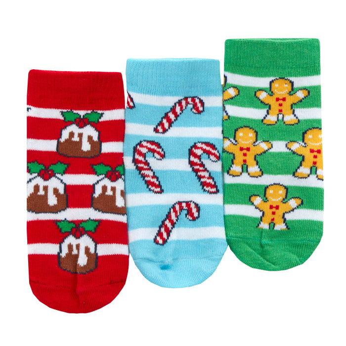 Babies Cotton Rich Christmas Design Socks 3 Pairs Stripes