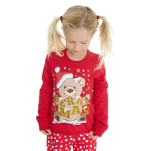 Boys Girls Christmas Theme Long Sleeved Pyjama Sets Red Teddy