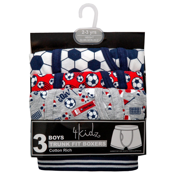 Boys Trunks Fit Boxers Cotton Rich Underwear 3 Pack Football