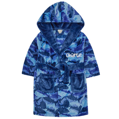 Boys Personalised Blue Shark Camo Robe