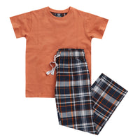 Boys T-Shirt and Woven Bottoms Check Pyjama Set Orange
