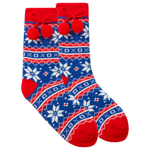 Womens Fair Isle Pattern Socks with Pom Pom Blue