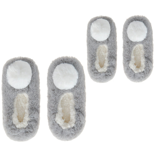 MINI ME Womens and Girls Fluffy Pom Pom Slippers Grey
