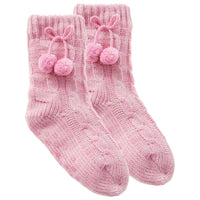 Girls Chunky Knitted Pattern Socks with Pom Pom and Grippers Pink