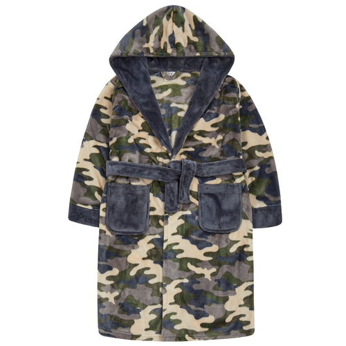 Boys Camo Print Plush Fleece Dressing Gown