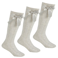 Girls Light Grey Knee High Socks with Bow 3 Pairs