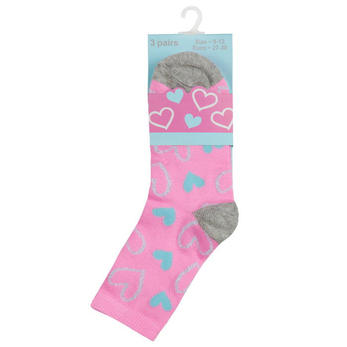 Girls Novelty Hearts Socks 3 Pairs Pink Blue
