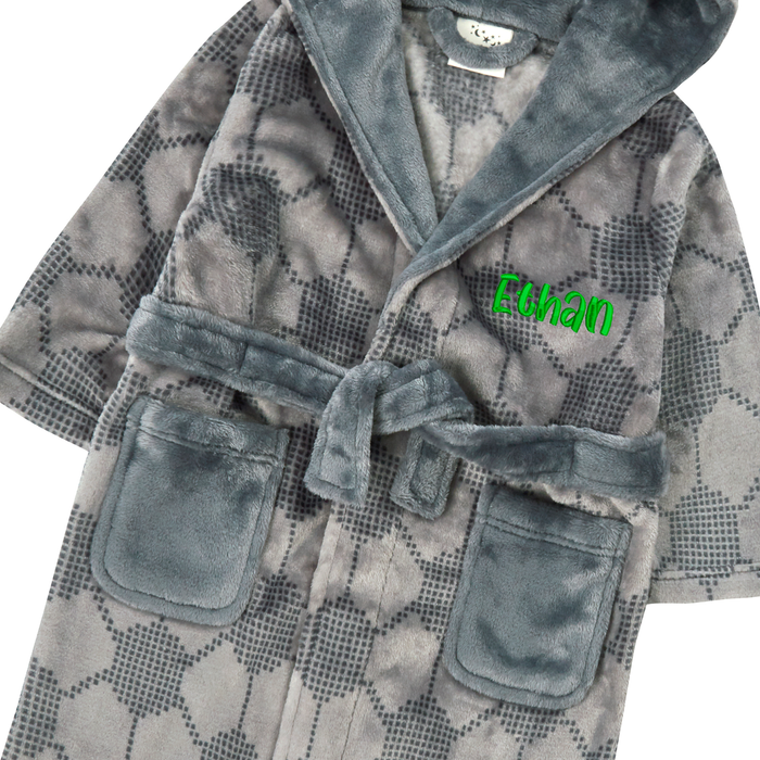  Personalised Boys Grey Football Hooded Dressing Gown with Green Thread Embroidery