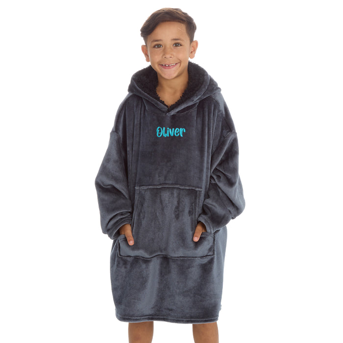 Personalised Boys Grey Oversized Hoodie with Blue Thread Embroidery