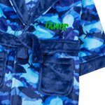 Personalised Boys Blue Shark Hooded Dressing Gown with Green Thread Embroidery
