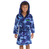 Personalised Boys Blue Shark Hooded Dressing Gown with Green Thread Embroidery