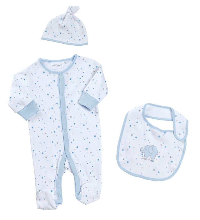 Baby Little Cutie Blue Sleepsuit Hat and Bib 3 Piece Set