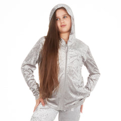 Girls Crushed Velvet Silver Zip Up Lounge Set
