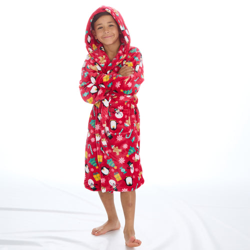 Boys Red Hooded Xmas Dressing Gown Minikidz