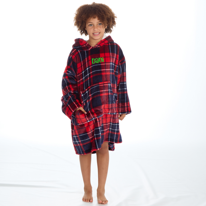 Personalised Girls Red Check Blanket Hoodie with Green Thread Embroidery