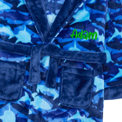 Personalised Boys Blue Shark Hooded Dressing Gown with Green Thread Embroidery