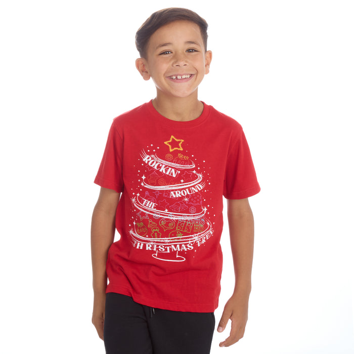 Kids Christmas Novelty Print Short Sleeve T-Shirt Red
