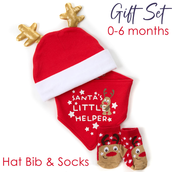 Baby Christmas Reindeer 3 Piece Hat Bib and Socks Gift Set
