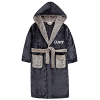 Personalised Boys Black Sherpa Dressing Gown with Light Grey Thread Embroidery