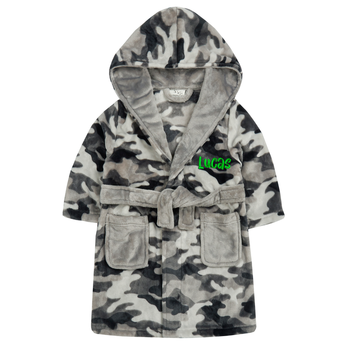 Personalised Boys Grey Camo Dressing Gown with Green Thread Embroidery