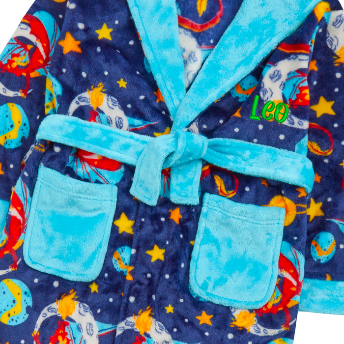 Personalised Boys Navy Dragon Dressing Gown with Green Thread Embroidery