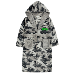 Personalised Boys Grey Camo Dressing Gown with Green Thread Embroidery