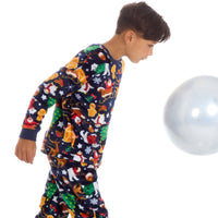 Kids Christmas Full Length Warm Fleece 2 Piece Pyjamas Set Navy