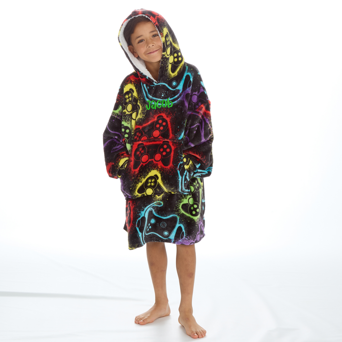 Personalised Boys Multi Gamer Blanket Hoodie with Green Thread Embroidery