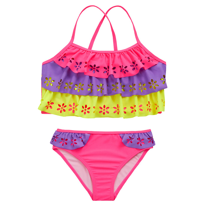 Girls Purple Frill Floral Bikini Swimsuit