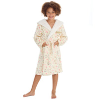 Personalised Girls Cream Woodland Hooded Dressing Gown with Gold Thread Embroidery
