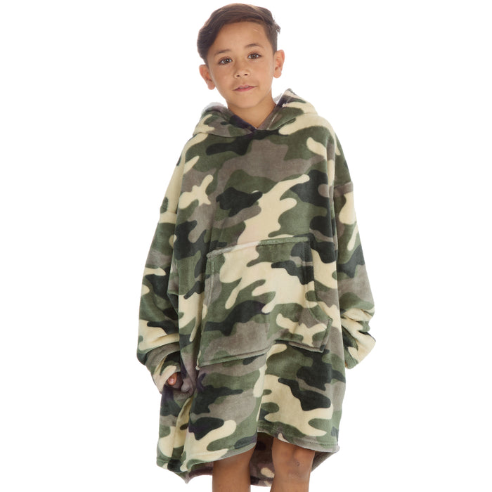 Boys Checked Plush Fleece Oversize Hoodie with Sherpa Lined Hood Camo